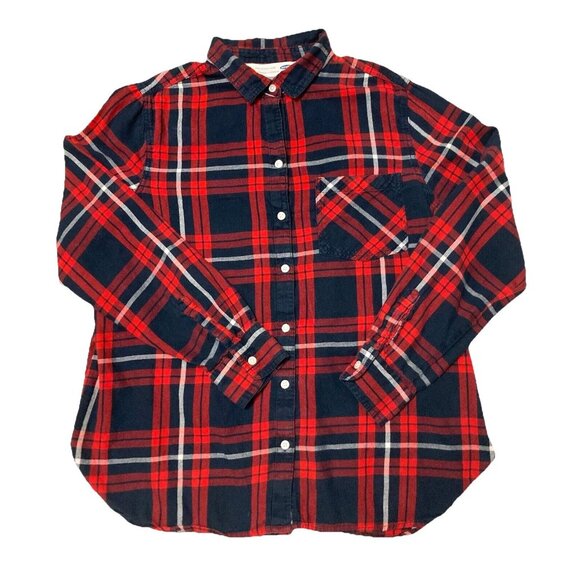 Old Navy Tops - Old Navy Red White Blue Plaid Flannel The Classic Shirt Womens XL Cotton Buttons